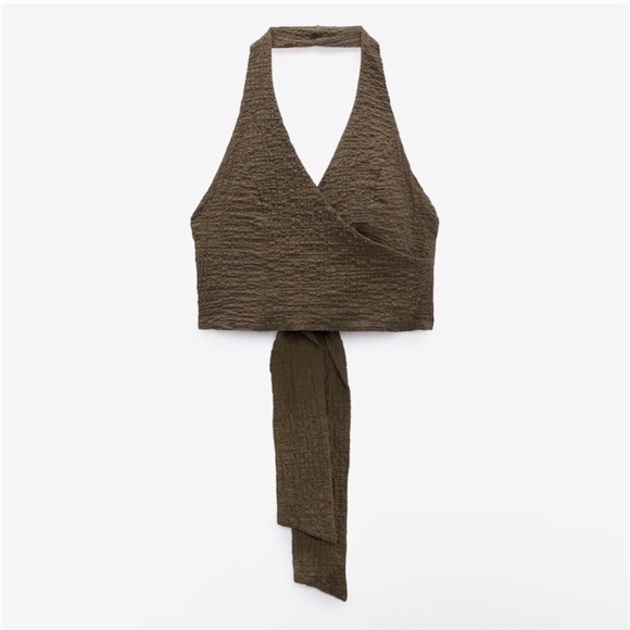 Zara crinkled textured dark olive green halter neck tie wrap top - Picture 3 of 11